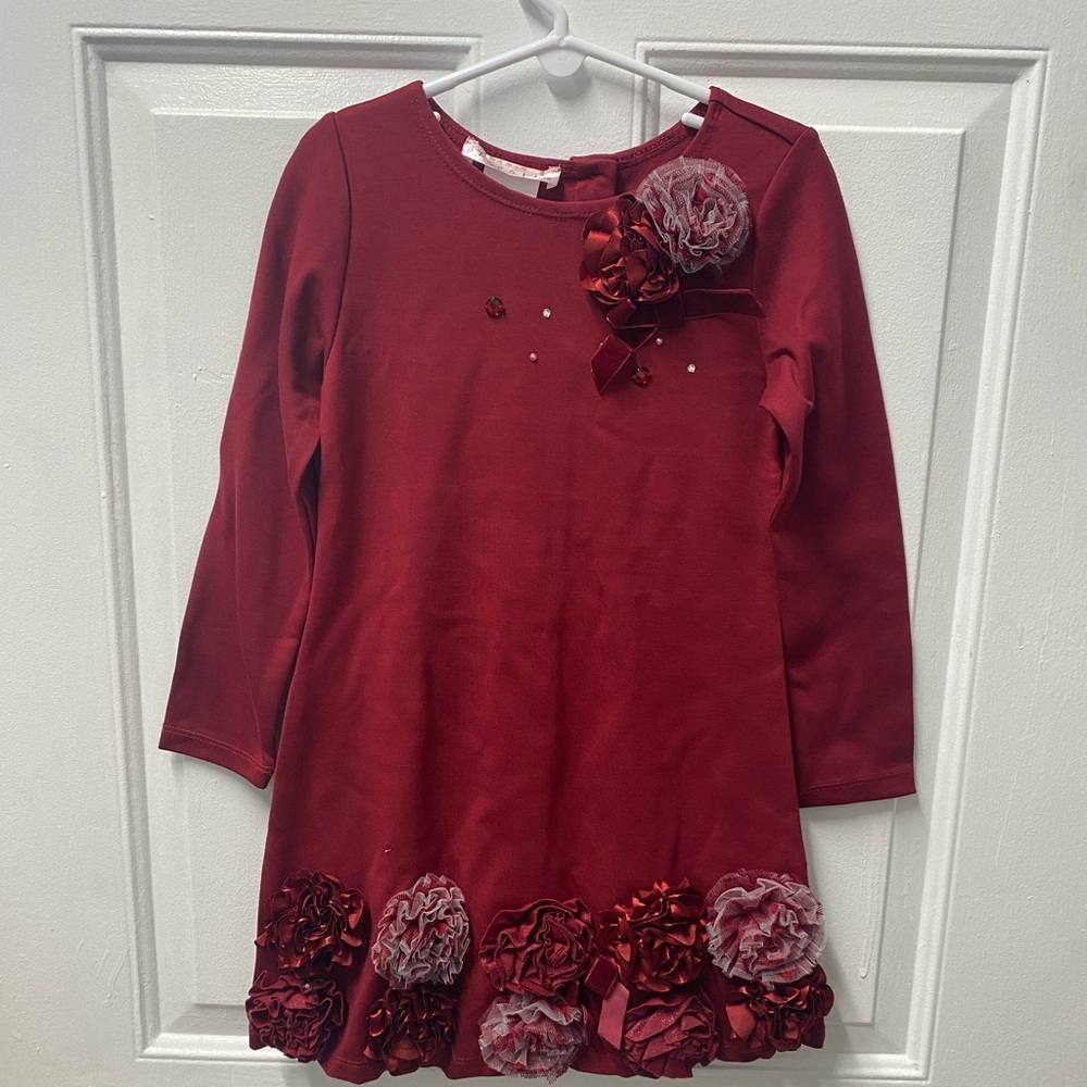 Red Dress by Biscotti flower rhinestone detail size 5 Great Christmas Dress